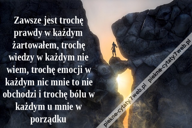 Zawsze jest trochę prawdy w każdym żartowałem, trochę wiedzy w każdym nie wiem, trochę emocji w każdym nic mnie to nie obchodzi i trochę bólu w każdym u mnie w porządku